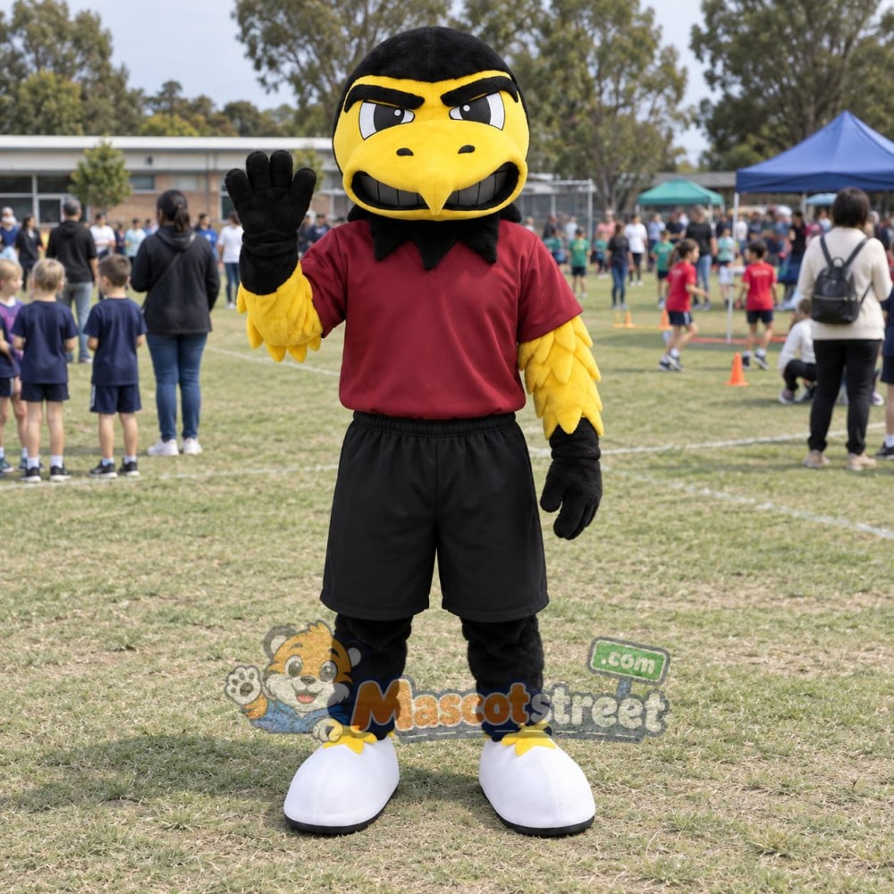 Yellow Bird Mascot Costume with Burgundy Shirt and Black Shorts Yellow Bird Mascot Costume with Burgundy Shirt and Black Shorts