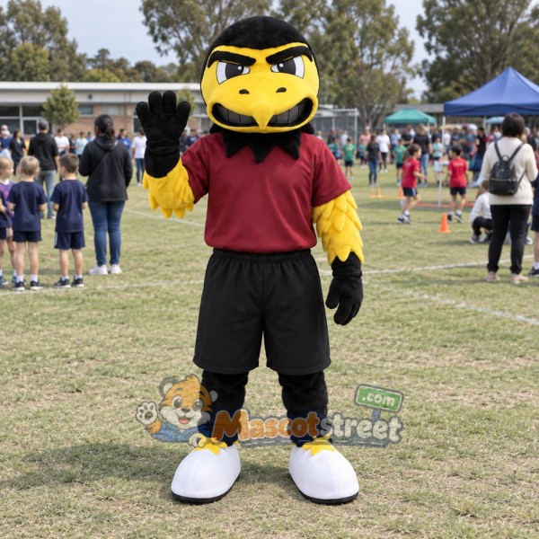 Yellow Bird Mascot Costume with Burgundy Shirt and Black Shorts