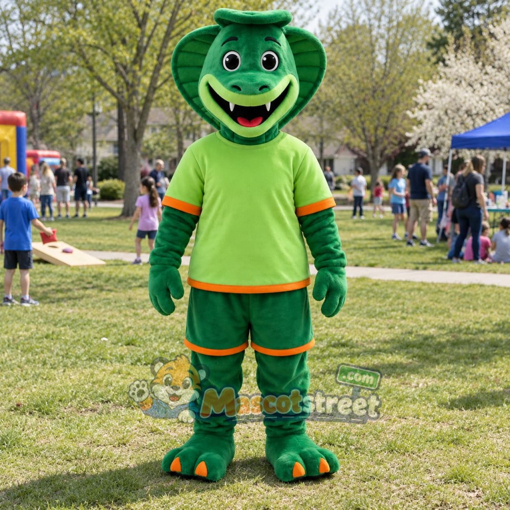 Green Snake Mascot Costume with Lime Shirt and Green Shorts