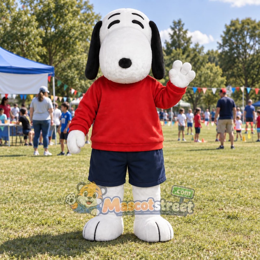 White Dog Mascot Costume with Red Sweater and Navy Shorts