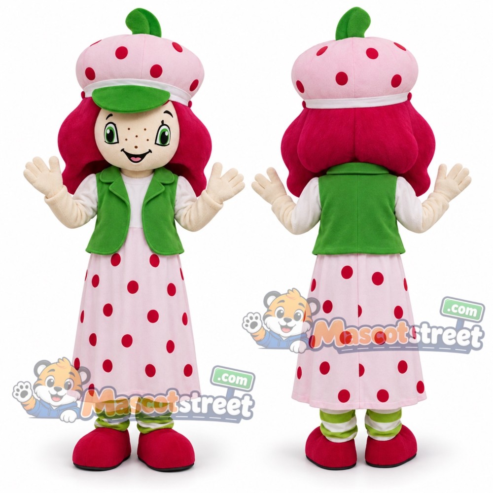 Strawberry Girl Mascot Costume with Polka Dot Dress and Pink Hat