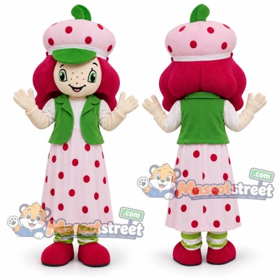Strawberry Girl Mascot Costume with Polka Dot Dress and Pink Hat