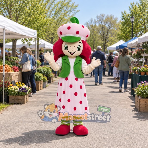 Strawberry Girl Mascot Costume with Polka Dot Dress and Pink Hat