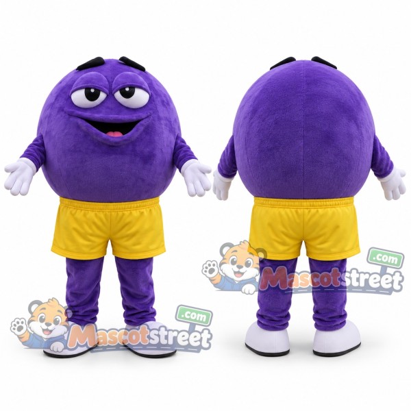 Purple Chocolate Candy Mascot Costume with Yellow Shorts