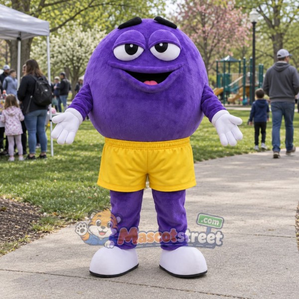Purple Chocolate Candy Mascot Costume with Yellow Shorts