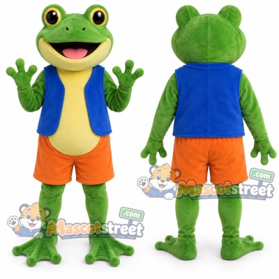 Green Frog Mascot Costume with Blue Vest and Orange Shorts Green Frog Mascot Costume with Blue Vest and Orange Shorts
