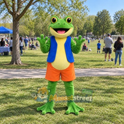 Green Frog Mascot Costume with Blue Vest and Orange Shorts Green Frog Mascot Costume with Blue Vest and Orange Shorts
