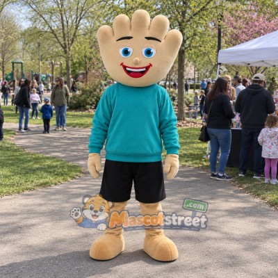 Hand Character Mascot Costume with Teal Sweater and Black Shorts Hand Character Mascot Costume with Teal Sweater and Black Shorts