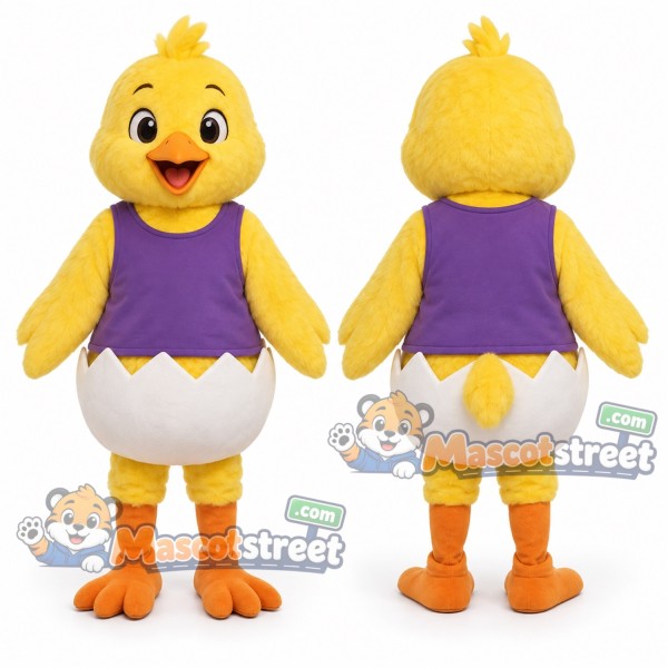 Yellow Easter Chick Mascot Costume with Purple Vest and Eggshell