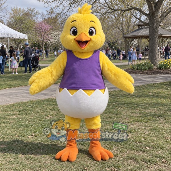 Yellow Easter Chick Mascot Costume with Purple Vest and Eggshell