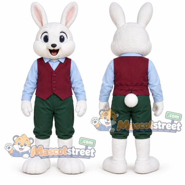 White Rabbit Mascot Costume with Burgundy Vest and Green Shorts