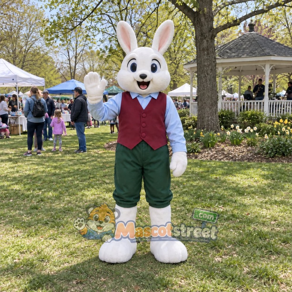 White Rabbit Mascot Costume with Burgundy Vest and Green Shorts