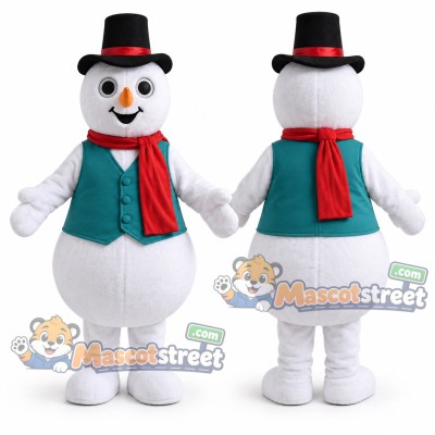 Snowman Mascot Costume with Teal Vest and Red Scarf