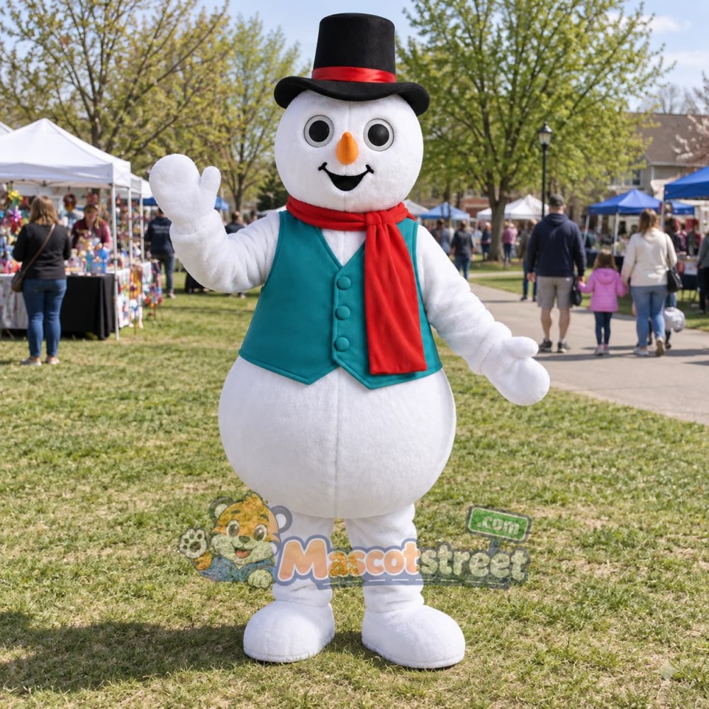 Snowman Mascot Costume with Teal Vest and Red Scarf
