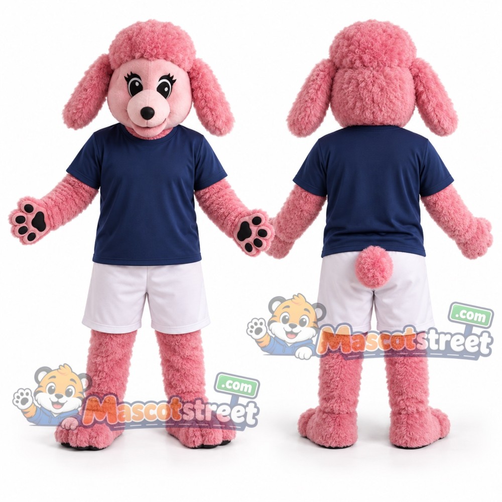 Pink Dog Mascot Costume with Navy Shirt and White Shorts Pink Dog Mascot Costume with Navy Shirt and White Shorts