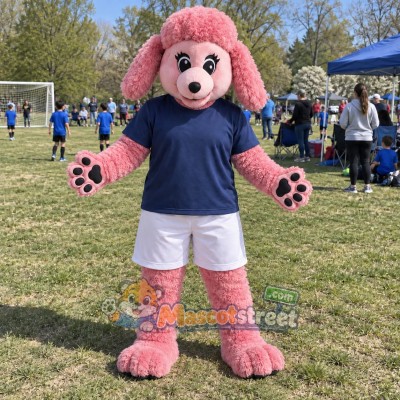 Pink Dog Mascot Costume with Navy Shirt and White Shorts Pink Dog Mascot Costume with Navy Shirt and White Shorts
