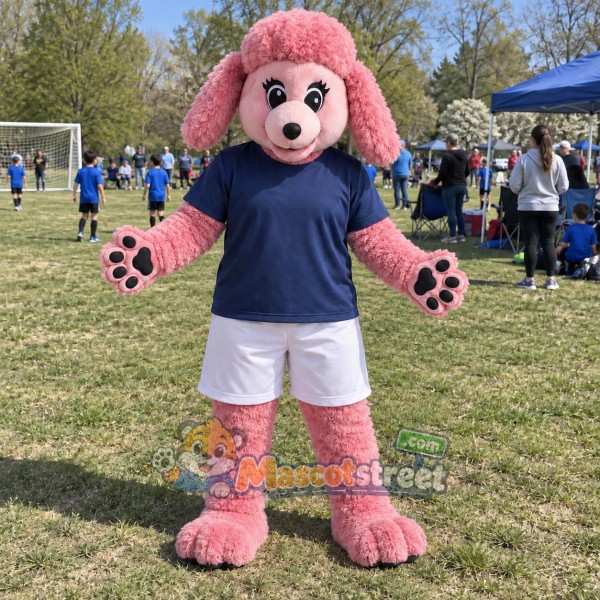 Pink Dog Mascot Costume with Navy Shirt and White Shorts