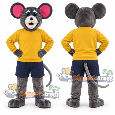 Gray Mouse Mascot Costume with Yellow Sweater and Navy Shorts