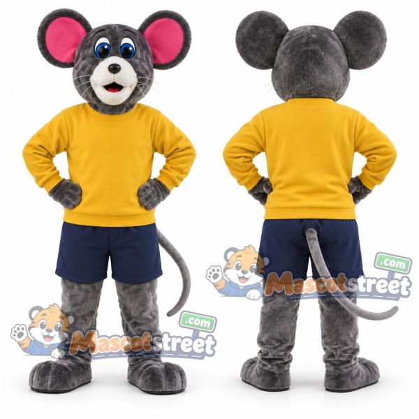 Gray Mouse Mascot Costume with Yellow Sweater and Navy Shorts