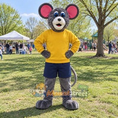 Gray Mouse Mascot Costume with Yellow Sweater and Navy Shorts