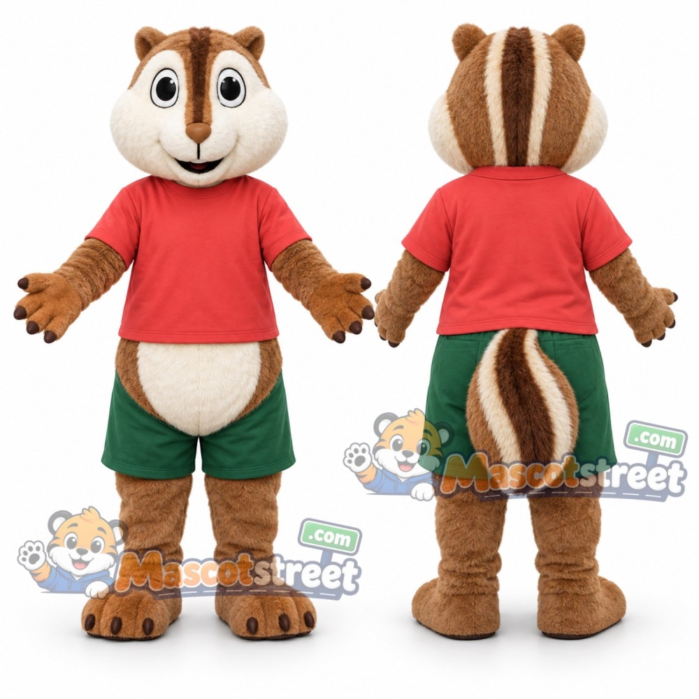 Brown Chipmunk Mascot Costume with Red Shirt and Green Shorts Brown Chipmunk Mascot Costume with Red Shirt and Green Shorts