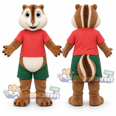 Brown Chipmunk Mascot Costume with Red Shirt and Green Shorts Brown Chipmunk Mascot Costume with Red Shirt and Green Shorts