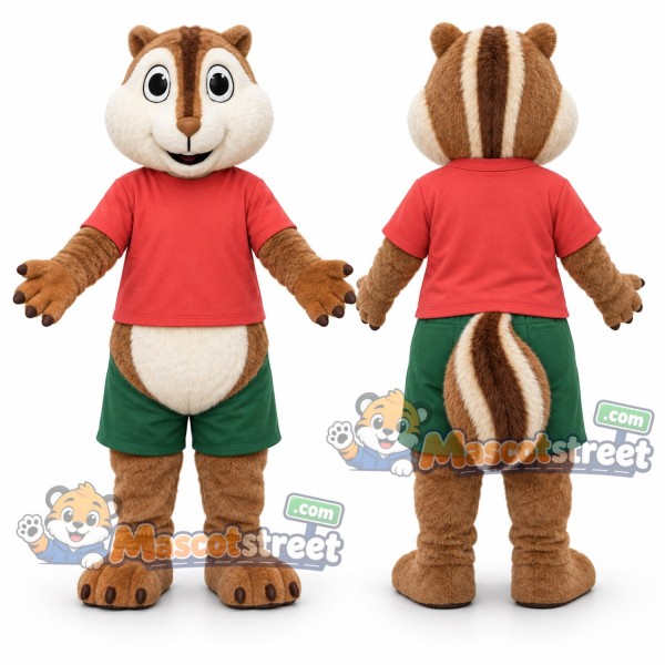 Brown Chipmunk Mascot Costume with Red Shirt and Green Shorts