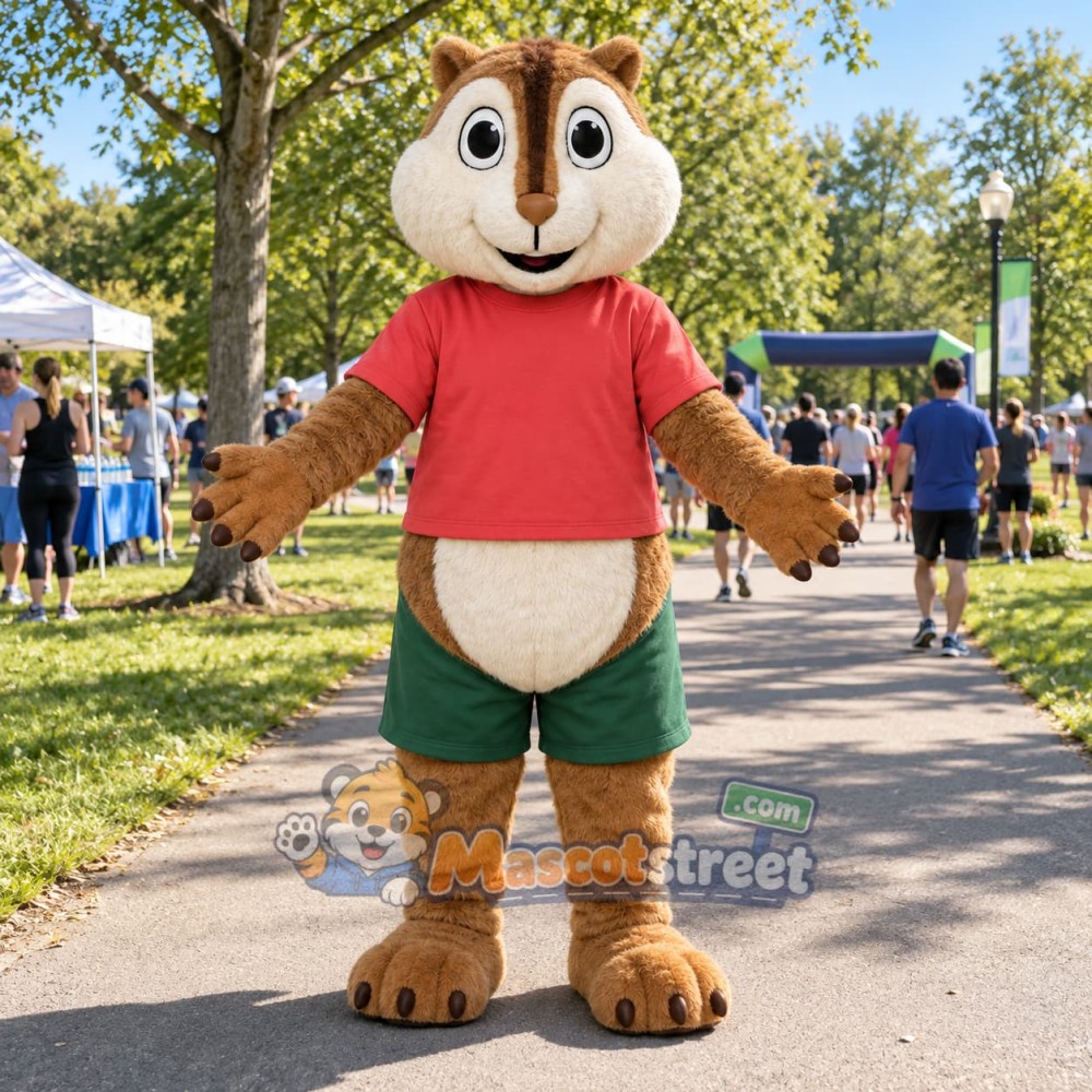 Brown Chipmunk Mascot Costume with Red Shirt and Green Shorts Brown Chipmunk Mascot Costume with Red Shirt and Green Shorts