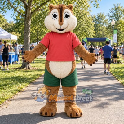 Brown Chipmunk Mascot Costume with Red Shirt and Green Shorts Brown Chipmunk Mascot Costume with Red Shirt and Green Shorts