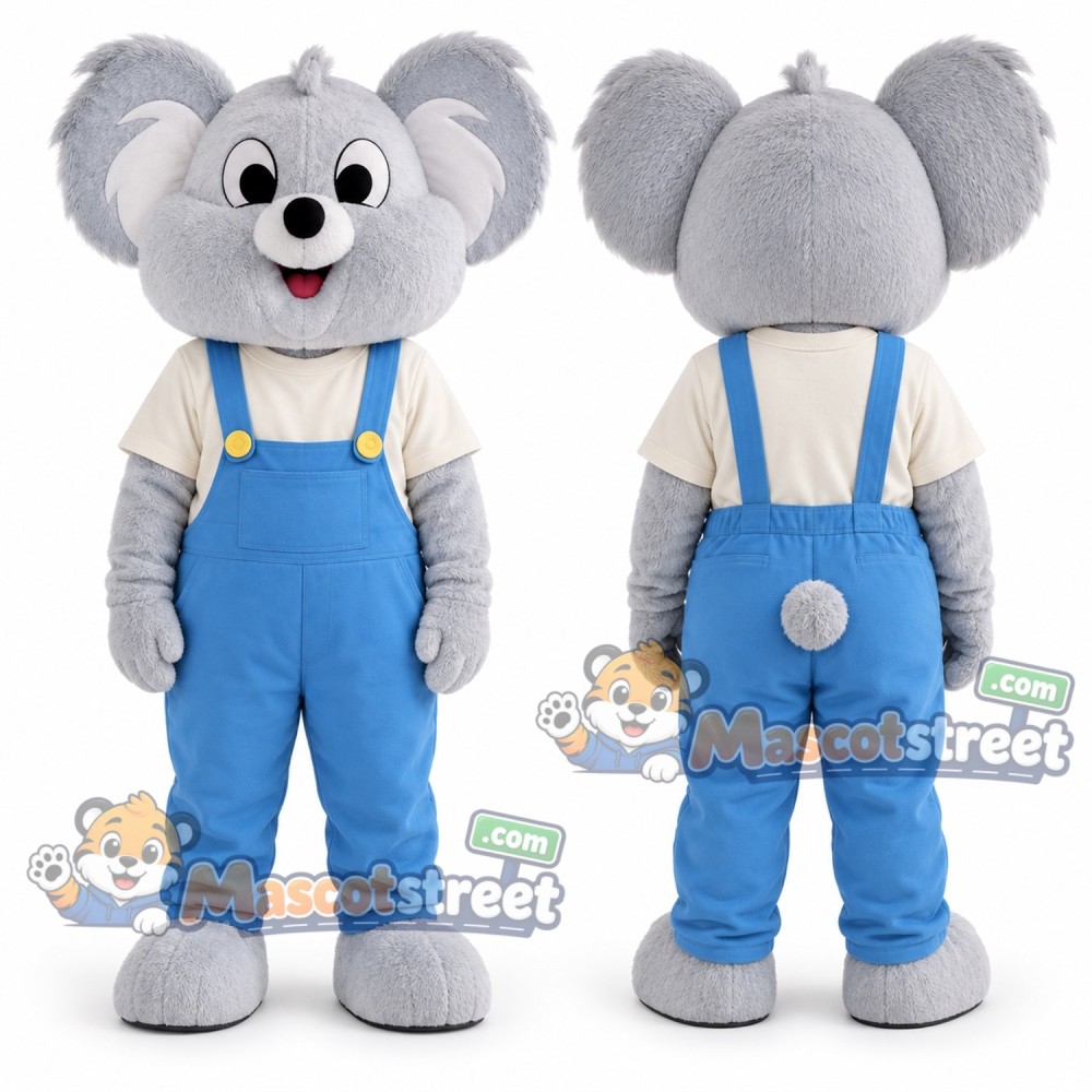 Gray Koala Mascot Costume with Blue Overalls Gray Koala Mascot Costume with Blue Overalls