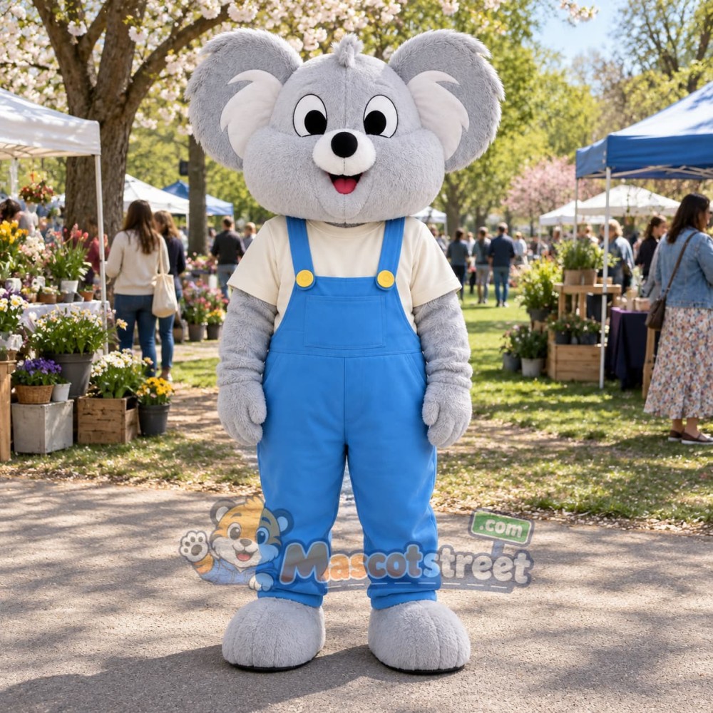 Gray Koala Mascot Costume with Blue Overalls Gray Koala Mascot Costume with Blue Overalls