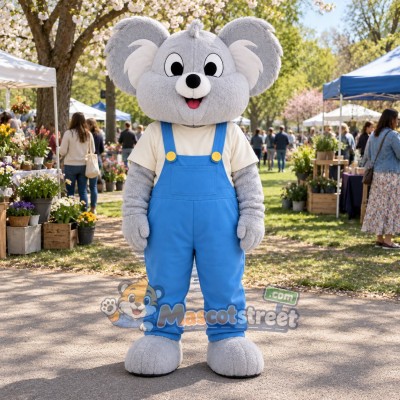 Gray Koala Mascot Costume with Blue Overalls Gray Koala Mascot Costume with Blue Overalls