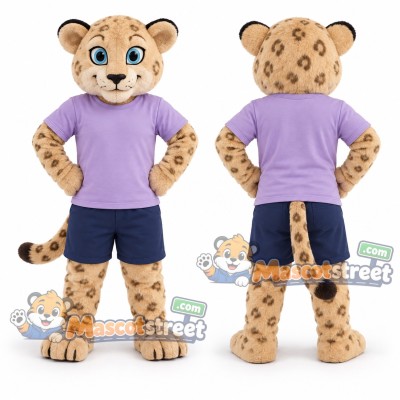Spotted Leopard Mascot Costume with Purple Shirt and Navy Shorts