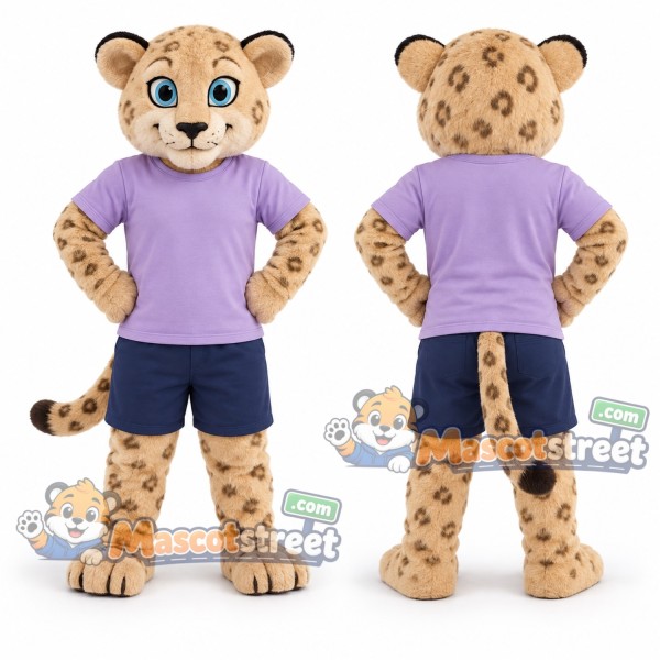 Spotted Leopard Mascot Costume with Purple Shirt and Navy Shorts