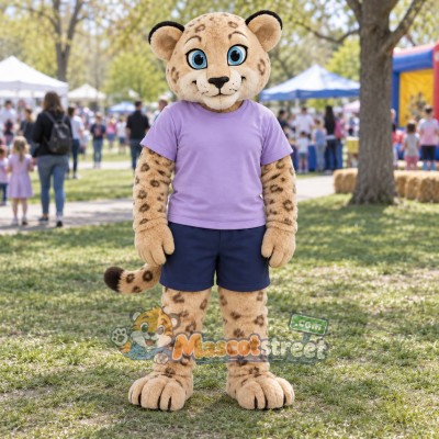 Spotted Leopard Mascot Costume with Purple Shirt and Navy Shorts