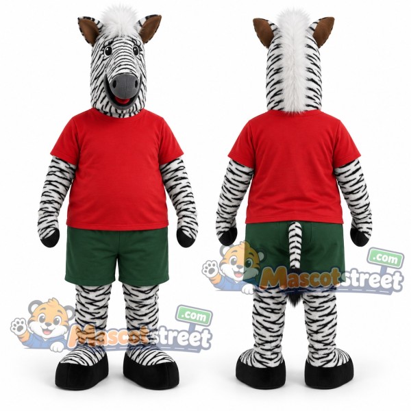 Zebra Mascot Costume with Red Shirt and Green Shorts