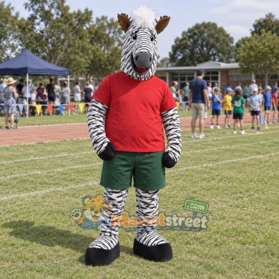 Zebra Mascot Costume with Red Shirt and Green Shorts