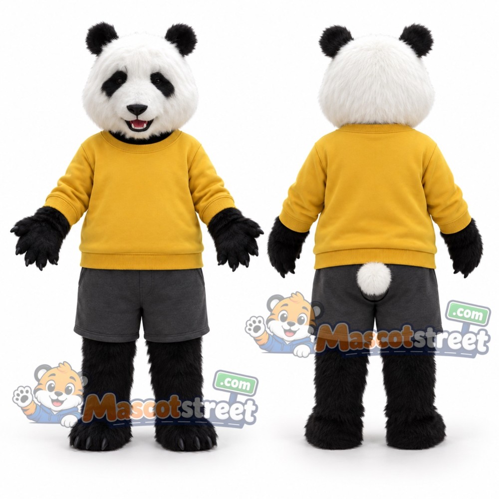 Panda Mascot Costume with Yellow Sweater and Gray Shorts