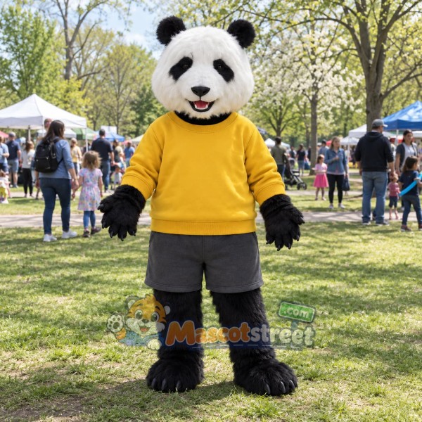 Panda Mascot Costume with Yellow Sweater and Gray Shorts