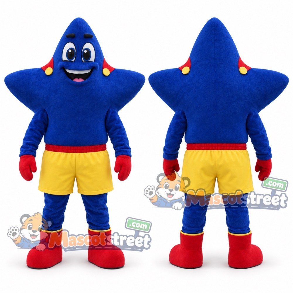 Blue Star Mascot Costume with Yellow Shorts Blue Star Mascot Costume with Yellow Shorts