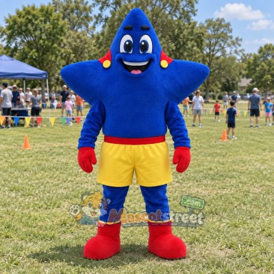 Blue Star Mascot Costume with Yellow Shorts Blue Star Mascot Costume with Yellow Shorts