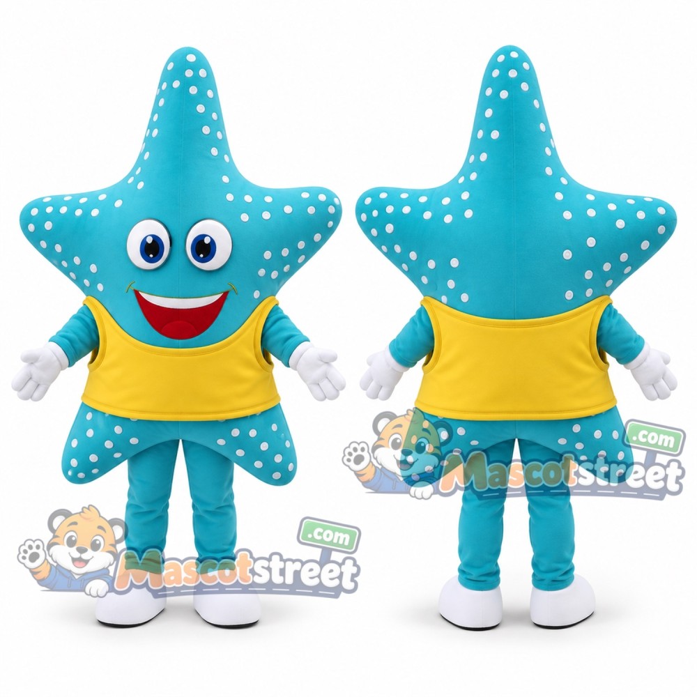Blue Starfish Mascot Costume with Yellow Shirt Blue Starfish Mascot Costume with Yellow Shirt