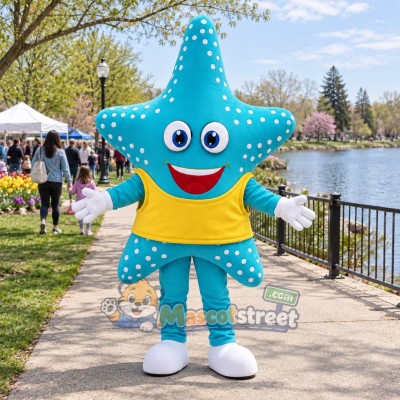 Blue Starfish Mascot Costume with Yellow Shirt Blue Starfish Mascot Costume with Yellow Shirt