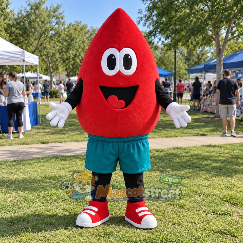 Red Blood Drop Mascot Costume with Teal Shorts Red Blood Drop Mascot Costume with Teal Shorts