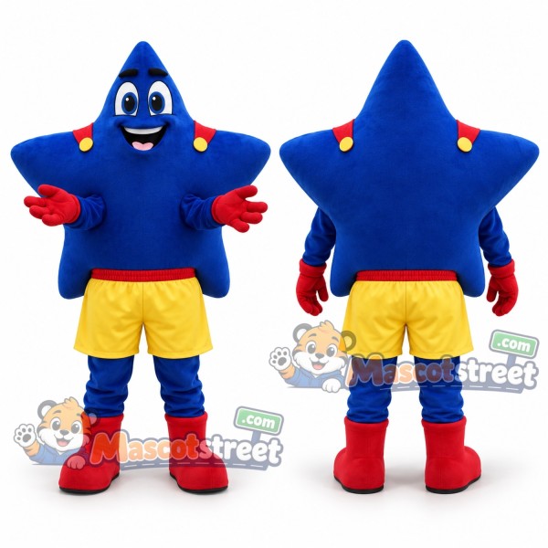 Blue Star Mascot Costume with Yellow Shorts and Red Gloves