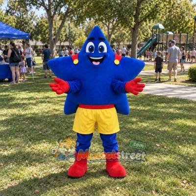 Blue Star Mascot Costume with Yellow Shorts and Red Gloves