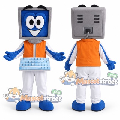 Computer Mascot Costume with Orange Vest and White Trousers Computer Mascot Costume with Orange Vest and White Trousers