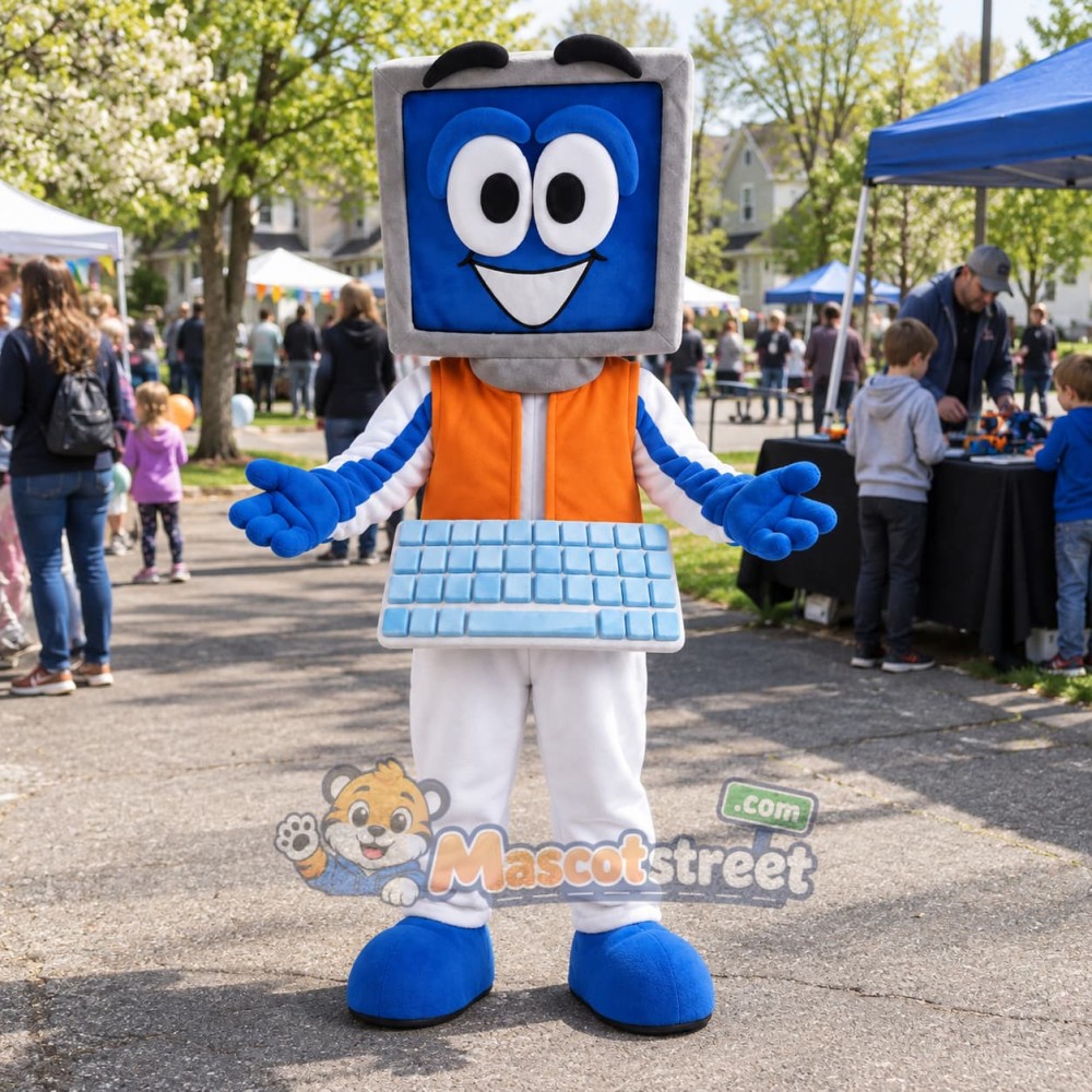 Computer Mascot Costume with Orange Vest and White Trousers Computer Mascot Costume with Orange Vest and White Trousers