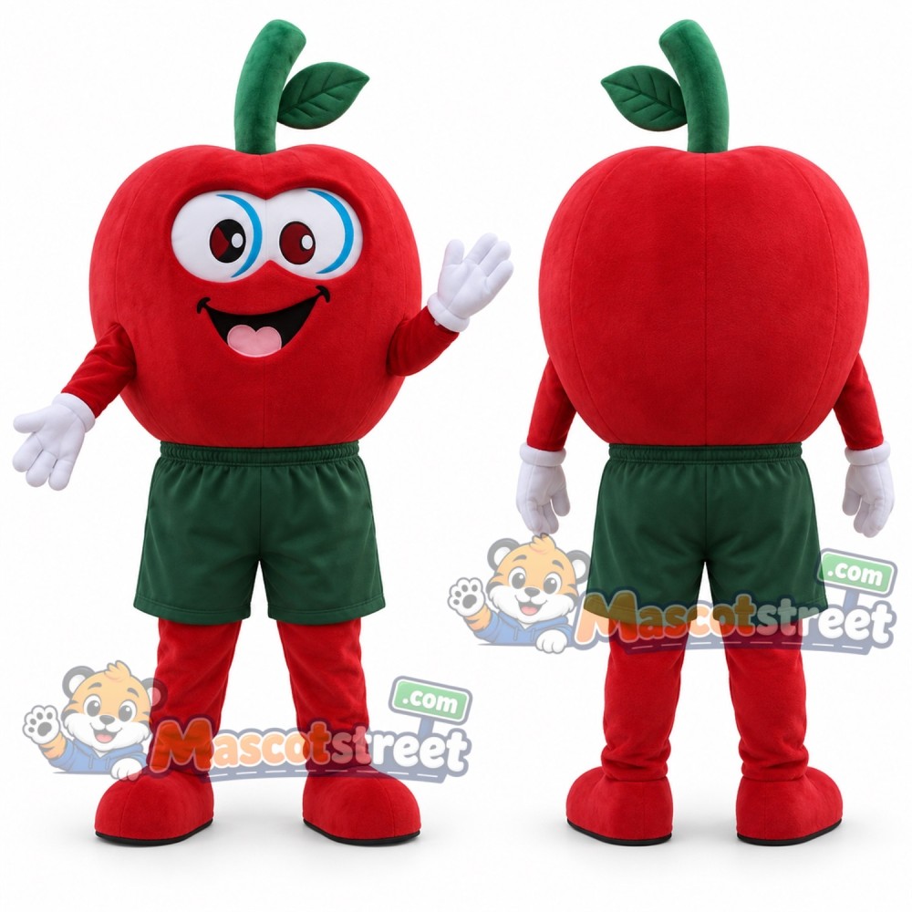Red Apple Mascot Costume with Green Shorts