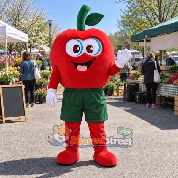 Red Apple Mascot Costume with Green Shorts